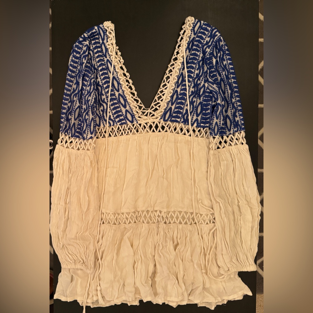 🐚Free People Boho Long Sleeve Blue & White Dress - Size 0